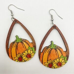 Fall Pumpkin Wooden Dangle Earrings - Thanksgiving Autumn Harvest Season